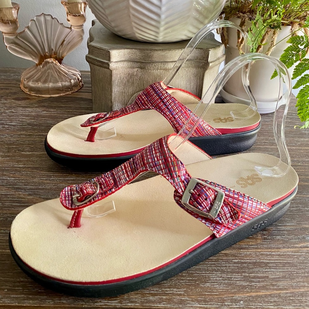 NEW SAS Sanibel T-Strap Sandal Slide Slip On Diabetic Shoe Womens 10 Rainbow Red - Picture 3 of 8